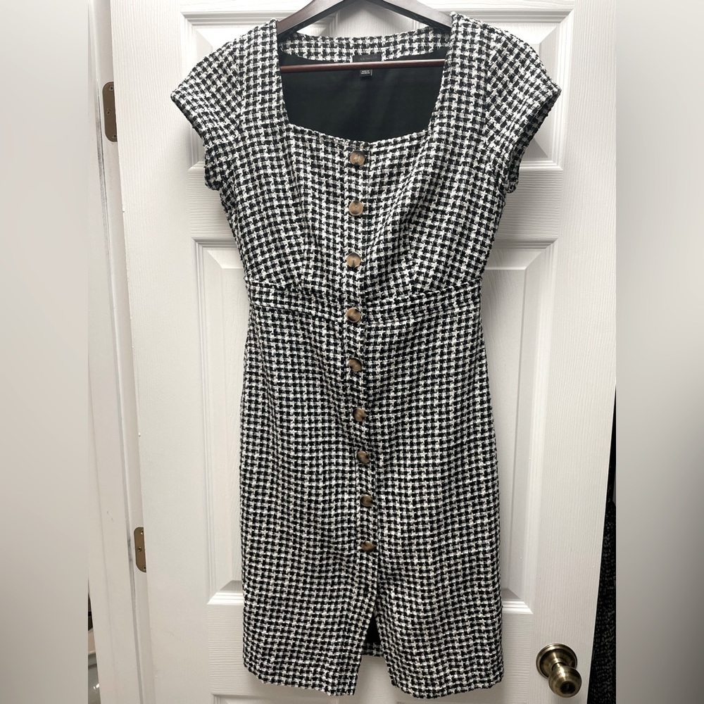 Ann Taylor Gingham Tweed Button Down Sheath Dress, Size 0